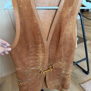 Vintage 80s 100% Brown Suede Vest with Gold Accents